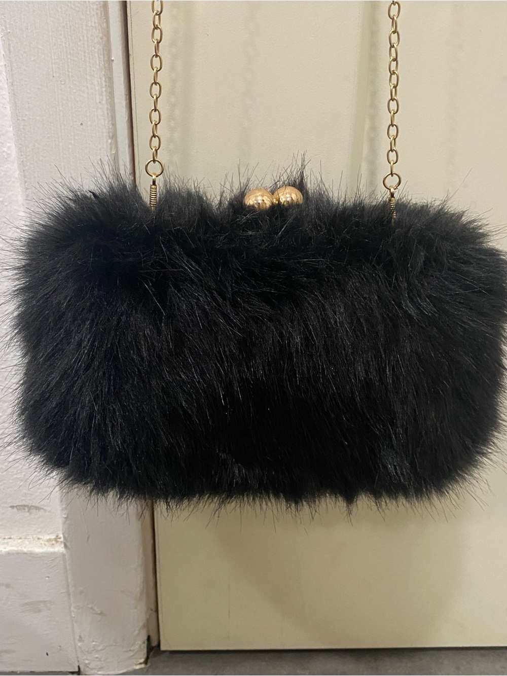 Source Unknown Black Faux Fur Evening Clutch with Gold Chain